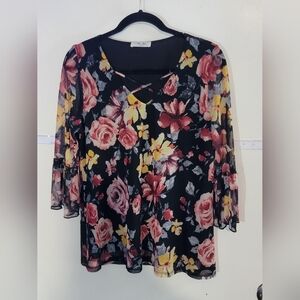 Rue Juju Floral Chiffon Blouse - Black, Red, Yellow Size Large